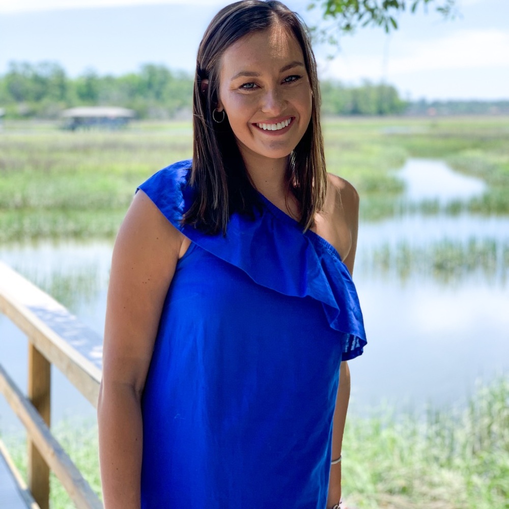 Royal Blue ruffled one shoulder dress from J Crew